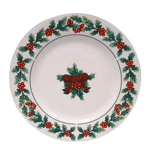 Gibson Christmas 10.5" Dinner Plate Holly Berries Wreaths Green Red Bow Holiday - Picture 1 of 6